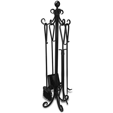 5 Pieces Scroll Fireplace Tools Set Black Cast Iron Fire Place Toolset with Log Holder Fireset Fire Pit Stand Rustic Tongs Shovel Antique Broom Chimney Poker Wood Stove Hearth Accessories Set