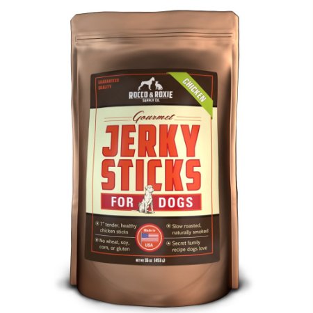 Rocco & Roxie Gourmet Jerky Dog Treats - Slow Smoked, Delicious, Tender AND Healthy 7" Jerky Sticks - Choose Beef, Chicken or Turkey - 16 oz. Bag