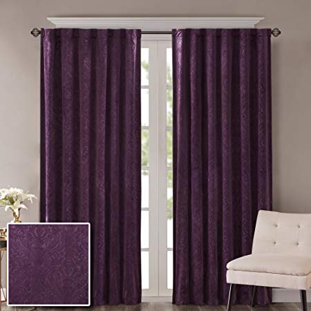 Comfort Spaces - Embossed Paisley Motif Poly Velvet Window Curtain Pair 4pc Set - Purple - 50x84 Inch Panel - Energy Efficient Saving - Curtain Rod Pocket - Include 2 Panels and 2 Tiebacks