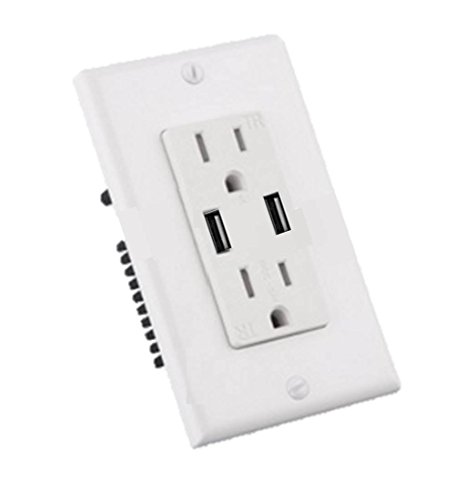 Teklectric 4.2A High Speed Dual USB Charger Outlet 15A Tamper Resistant Receptacle & Free Wall Plate, White