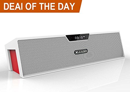 XLeader SoundPak Bluetooth Speaker,7W Loud Stereo and Bass,with FM radio and LCD Display and Alarm Clock,Support 8 hours Playtime (White-red)