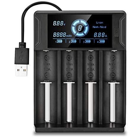 Universal Smart Battery Charger for Rechargeable Batteries 4 Slots with LCD Display and USB Cable Ni-MH Ni-CD 18650 14500 16340 AA AAA