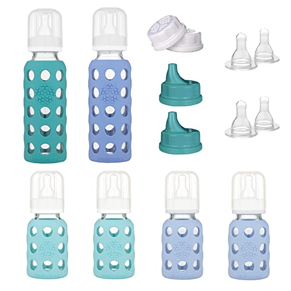 Lifefactory 6 Bottle Starter Set, (4) 4-Ounce Baby Bottle in Mint/Blanket, (2) 9-Ounce Baby Bottle in Kale/Blueberry, (2) Flat Caps, (2) Sippy Caps, (2) Stage 2 Nipples