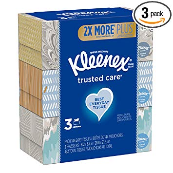 Kleenex Trusted Care Everyday Facial Tissues Flat Box, 144 ct (Pack of 3)