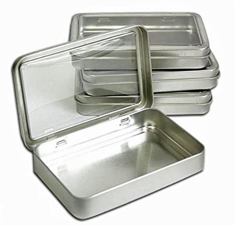Perfume Studio Clear Top Rectangular Tins - Set of 4 Hinged Tin Box for Storage, Crafts, Survival Kits, Pills, and More (5.5" width x 3.7" depth x 0.9" height)
