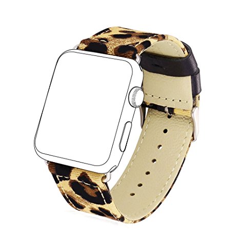 Fabric Replacement Strap for Apple Watch, Bandmax Stainless Steel Metal Clasp Buckle Comfortable Denim Fabric Watch Band for Apple Watch Series 2/1(Leopard Pattern 38MM)