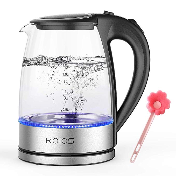 KOIOS 1.8L Electric Kettle, 1500W Borosilicate Glass Tea Kettle, Fast Heating LED Cordless Kettle, Auto Shut-Off Boil-Dry Protection Stainless Steel Inner Lip, Tea Pot, BPA-Free, Water Boiler