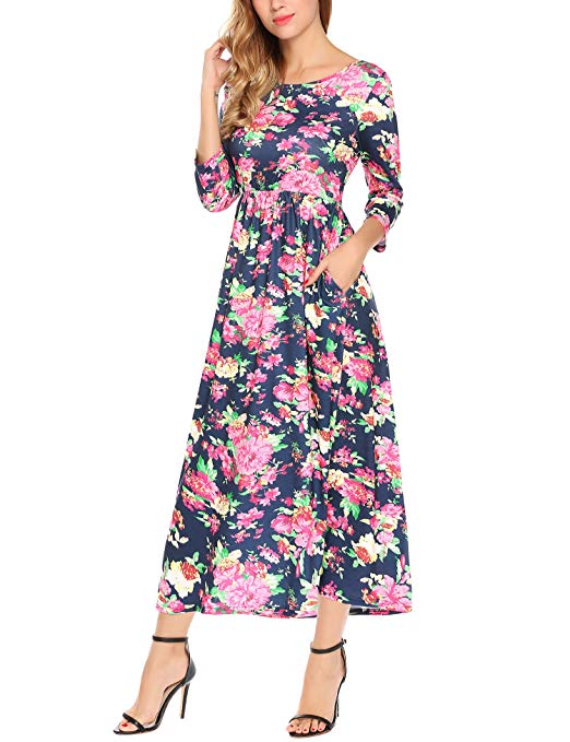 Showyoo Women's Casual 3/4 Sleeve Floral Printed Plus Size Long Party Maxi Dress
