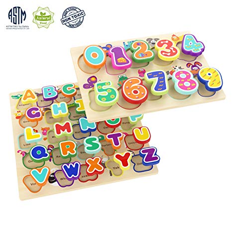 Wooden Puzzles For Toddler Alphabet Number Board Toys For 1 2 Year Old Girl And Boy Gifts (Pack Of 2)