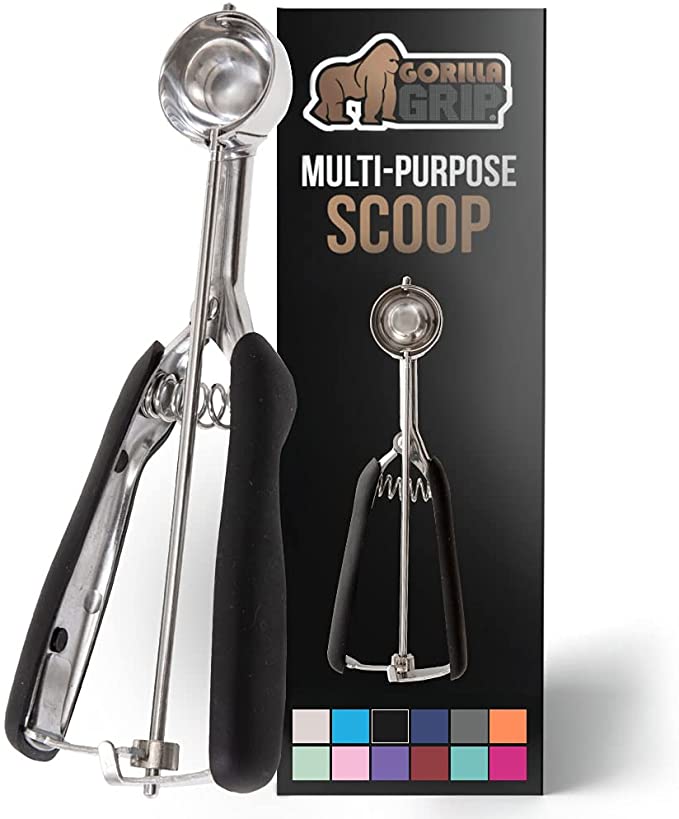 Gorilla Grip Premium Stainless Steel, Spring-Loaded Scoop for Fruit, Cookie and Ice Cream, Easy Squeeze and Clean Release, Comfortable Handle, Small, 1 TBSP Scooper Size 60, Uniform Portions, Black