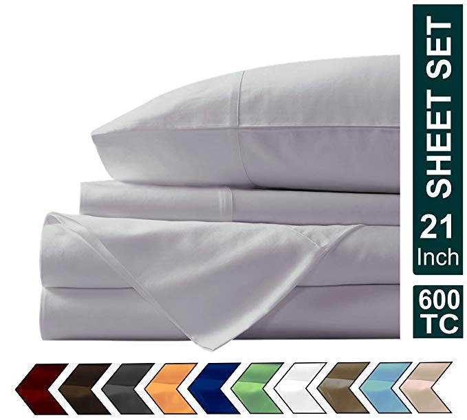Airomis Presents 4 PC Sheet Set 100% Organic Cotton 600 TC Premium Sheet Set, Soft & Luxurious Long Staple Italian Finish Comfy Bedding Set Comes with 21" Deep Pocket King Silver Grey
