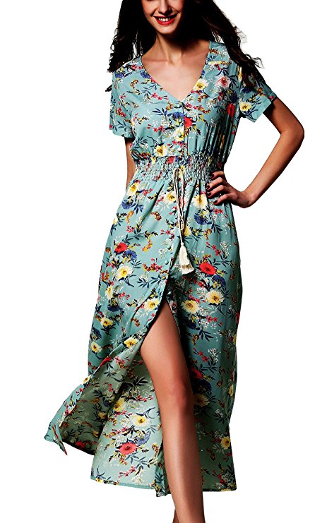 ARANEE Women's Button Up Split Floral Print Long Maxi Boho Bohemian Dress