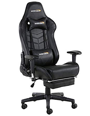 WENSIX Ergonomic Gaming Chair Racing Style Computer Chair Swivel High-Back Computer Chair PC Chair Adjustable Footrest with Lumbar Support and Headrest Pillow (Black-005)