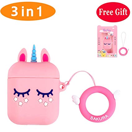 Airpods Case, Kids Unicorn 3D Cartoon Kawaii Earphone Airpods Cover, Soft Silicone Protective Shockproof Fashion Charging Skin Cases Matching with Ring Strap Holder for Apple Airpods 2 and 1