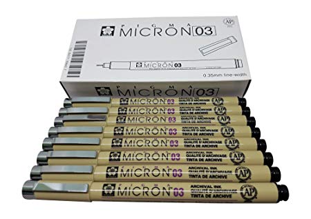 Sakura Pigma Micron pen 03 Black ink marker felt tip pen, Archival pigment ink pens for artist, zentangle, technical drawing pens - 8 pack of Micron 03 Black