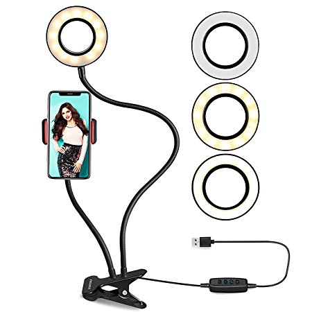 Ring Light for Phone, SIX-QU Cell Phone Holder with Selfie Ring Light for Live Stream, Makeup, Video Chat, 3-Light Mode and 10-Level Brightness with Flexible Phone Stand for Cell Phone (Black)