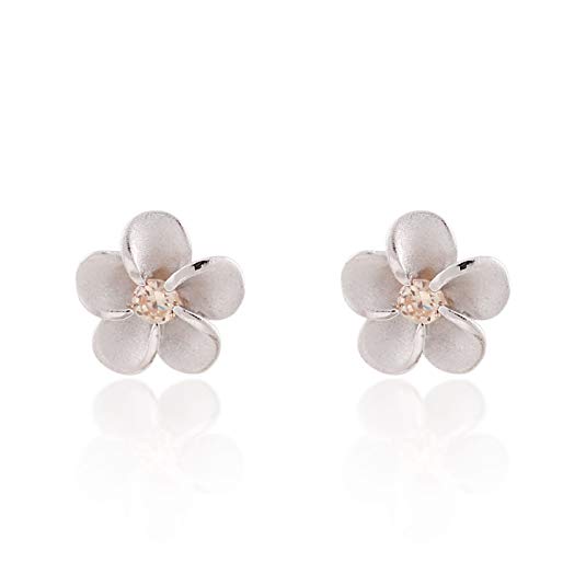 925 Sterling Silver Mini Plumeria Hawaiian Flower with Cubic Zirconia, Matte Finish Stud Earrings