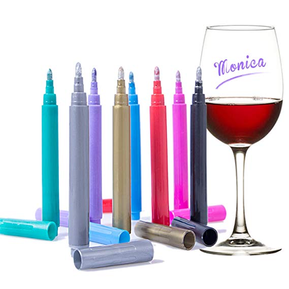 Dollshouse 8 Pack Wine Glass Markers - Washable Metallic Wine Markers Glass Markers Food Grade Ink in Fun Vibrant Colors Perfect for Wine Tastings, Dinner Parties, or Any Event
