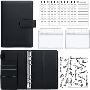 23PCS A6 Binder Budget Planner Organizer 6 Ring Binder Cover, FOME PU Leather Budget Binder with Zipper Envelopes Money Budget Organizer Budget Planner for Money Saving Planner Organizer Black