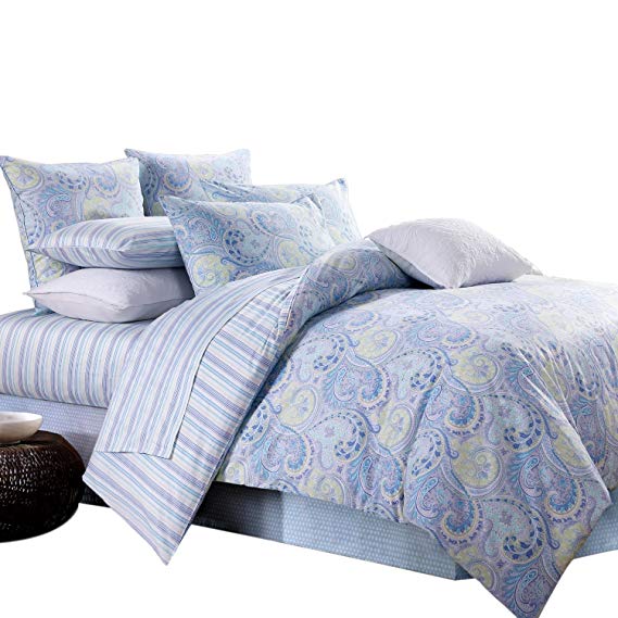 3Pcs Paisley Bedding Design 800 Thread Count 100% Cotton Sateen Duvet Cover Set,Full Size,Blue