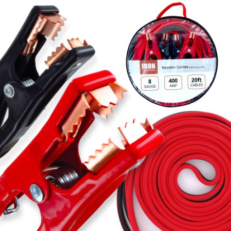 20 Foot Jumper Cables with Carry Bag - 8 Gauge 400 AMP Booster Cable Kit
