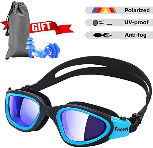 Focevi Swimming Goggles for Men/Women, Polarized Anti-Glare Anti-Fog UV Protection Mirrored Wide Vision Adult Swim Goggles, Boys/Girls/Junior/Teenagers/Youth Swim Googles, Swimming Glasses and Gear