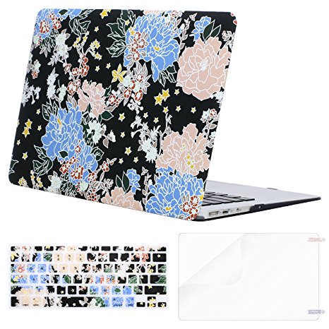 Mosiso Plastic Pattern Hard Case Shell with Keyboard Cover with Screen Protector for MacBook Air 13 Inch (Model: A1369 and A1466), Blue & Pink Drawing Flower