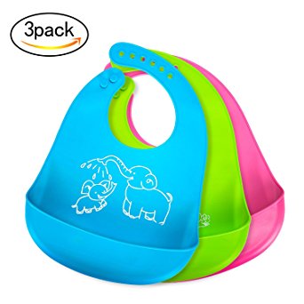 Bonim Silicone Bib - Waterproof Baby Bibs Adjustable Snaps Soft Feeding Bibs with Food Catcher for Toddlers or Babies - Easy Roll Up Wipes Clean and Quick Drying Set of 3 Colors