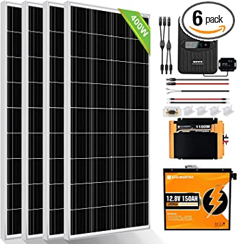 ECO-WORTHY 1.6KWH Complete Solar Panel Kit 400W 12V for RV Off Grid: 400W Solar Panels   40A MPPT Charge Controller   12V 150Ah Lithium Battery   Upgraded 1100W Power Inverter   Bluetooth Module