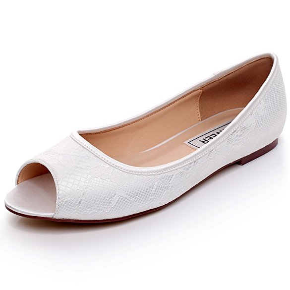 LUXVEER Ivory Lace Flat Shoes Wedding Flats Peep Toe Bridal Flat Shoes,RS-9803-Closed-Toe