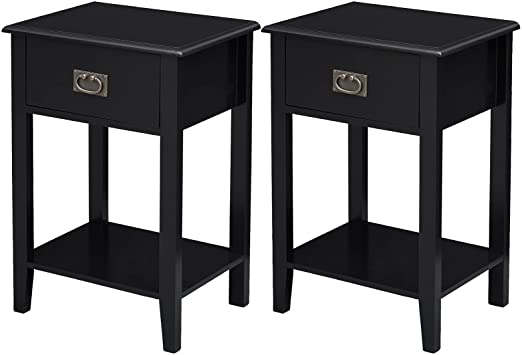 VECELO Nightstands Set of 2 Side/End Tables for Living Room Bedside with One Drawer, Vintage Accent Furniture for Small Space, Solid Wood Legs, Black