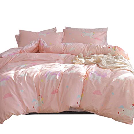 Girls Cotton Cartoon Unicorn Cloud Print Queen Duvet Cover Sets for Kids Teens Children Animal Striped Full Size Bedding Sets Reversible Lightweight Breathable Comforter Cover Bed Set (Pink,Queen)