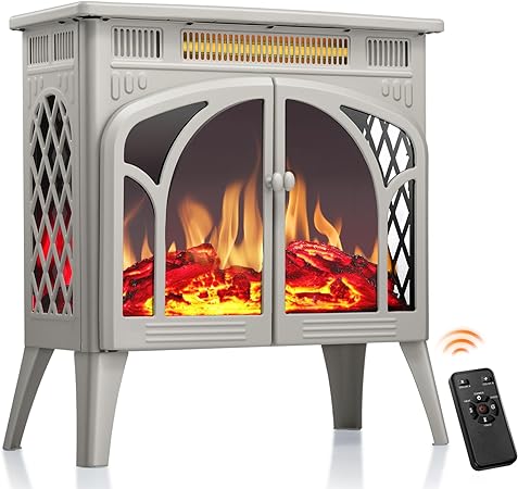 R.W.FLAME Electric Fireplace Heater 25" with Remote, Cathedral Stylish, Different Flame Effects and Log Set Colors, Adjustable Brightness and Heating Mode, Overheating Safe Design, Beige