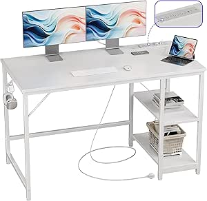 JOISCOPE 48 Inches Computer Office Desk with Table Power Outlets, Home Office White Desk with Storage Shelves and USB & Type-C Outlet for Bedroom, Home Office, Morden Simple Writing Table, White