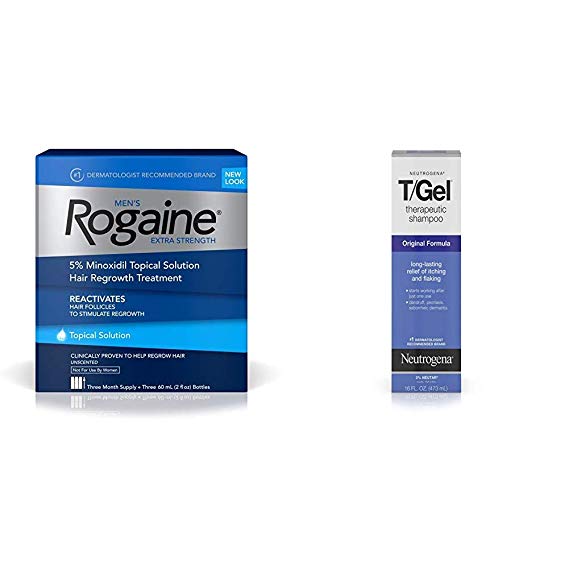 Men's Rogaine Extra Strength 5% Minoxidil Topical Solution for Hair Loss, Thinning and Regrowth, 3-Month Supply + Neutrogena T/Gel Original Therapeutic Shampoo, 16 fl oz