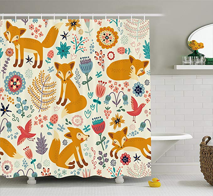 Ambesonne Fox Shower Curtain by, Natural Wildlife Composition with Cute Foxes Ornate Flowers Flying Birds Kids Nursery, Fabric Bathroom Decor Set with Hooks, 75 Inches Long, Multicolor