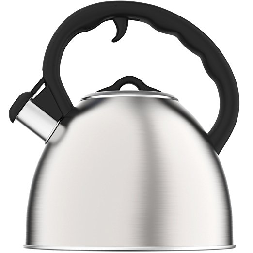 Vremi Whistling Tea Kettle - 2 Quart Stainless Steel Modern Dome Teapot for Kitchen Stove Top - Decorative 8 Cup Brushed Silver Tea Pot - Fast Boil Steam Whistle - Induction Gas or Electric Stovetop