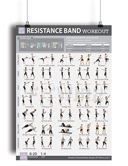 Resistance Band/Tube Exercise Poster Now Laminated - Total Body Workout Fitness Chart - Strength Training - Gym/Home Fitness Training Program for Elastic Rubber Tubes and Stretch Band Sets - 19"X27"