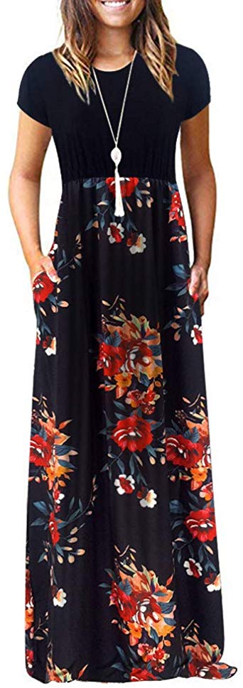Lesfin Women's Short Sleeve Floral Maxi Dresses Casual Loose Long Dress Pockets