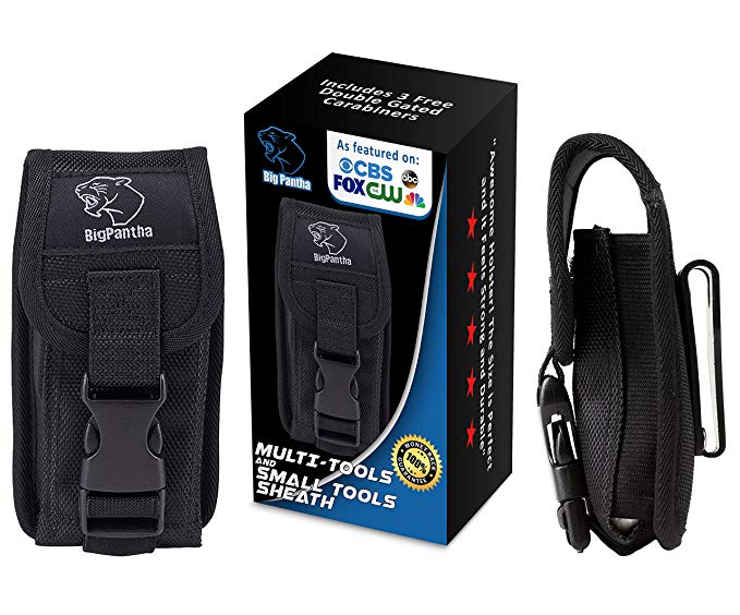 Ultra Multi-Purpose 5.50" Multi Tool Sheath/Pouch to Keep Essential Small Tools Close To Hand. For MultiTool Folding Knife Flashlight or Cellphone etc. Includes BONUS 3 x Handy Carabiner Hooks!