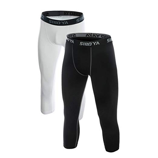 Siboya Men's Compression 3/4 Capri Shorts 2 Pack Baselayer Cool Dry Tights Running Pants