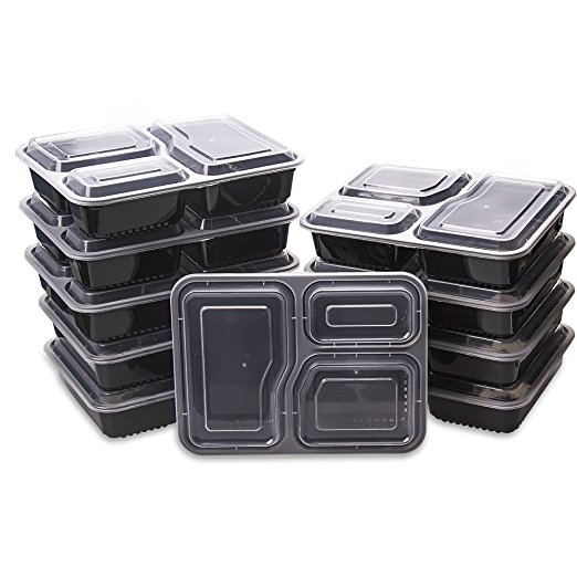 Glotech Item # SZ-638 34 Ounce Lunch Box Containers Set with Lid for Meal Prep and Portion Control in 3 compartment food containers-Microwaveable, Freezer & Dishwasher Safe,Pack of 10