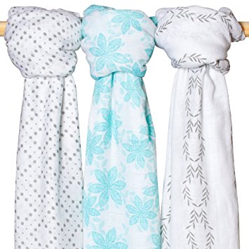 Swaddle blanket Muslin - ( 3 Pack,Floral ,Polka Dot ,Leaf Print ) Large Summer 47 x 47 Inches - Premium Bamboo Cotton Swaddle Blanket Set - Perfect Baby Blanket for Girls