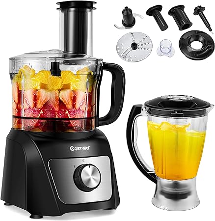 COSTWAY Food Processor & Blender, 500W Professional Food Chopper with 3 Blades, 3-Speed Adjustment, Dual Safety Lock Design, Large Capacity Bowls, for Crushing, Slicing, Shredding, Juicing