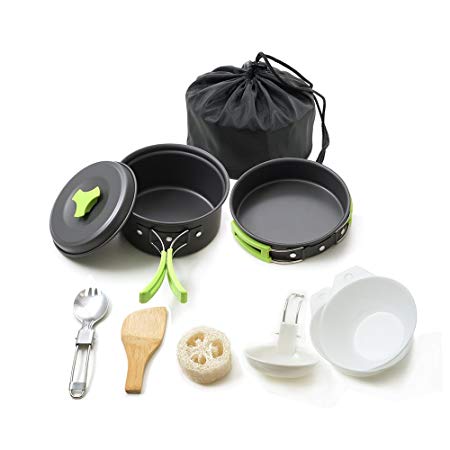 Honest Portable camping cookware mess kit folding Cookset for hiking backpacking 10 piece Lightweight durable Pot Pan Bowls Spork with nylon bag outdoor cook equipment