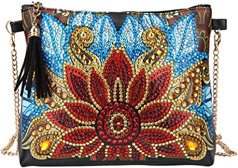 5D Diamond Painting Crossbody Bag with Chain,Crystal Tassel Zipper Handbag, Rhinestone Leather Purse Clutch, Diamond Painting Kits for Adults Kids,Makeup Shoulder Bag for Girl Women (Flower-1)