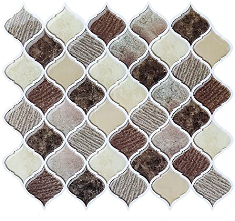 FAM STICKTILES Peel and Stick Wall Tile for Kitchen Backsplash,Brown Arabesque Tile Backsplash-Kitchen Backsplash Tiles Peel and Stick Wall Stickers 11'' x 10'' (4 Sheets)