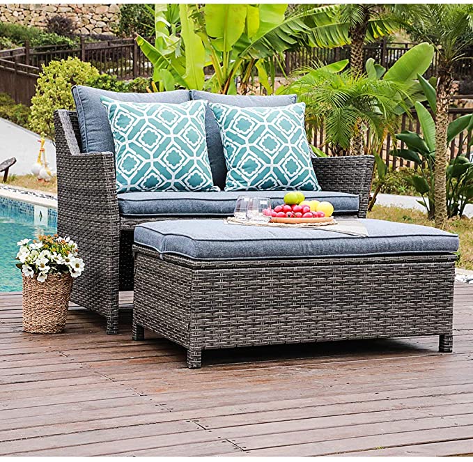 OC Orange-Casual 2-Piece Outdoor Patio Furniture Wicker Love-seat and Coffee Table Set, with Grey Cushions and Built-in Storage Bin, Grey