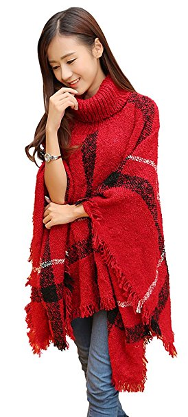 Bellady Women's High Collar Batwing Tassels Poncho Cape Winter Knit Sweater Cloak