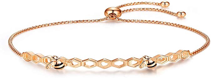 Presentski 18K Rose Gold Bee Bracelet 925 Sterling Silver Adjustable Chain Honeycomb Link Tennis Bracelet Mother's Day Gift